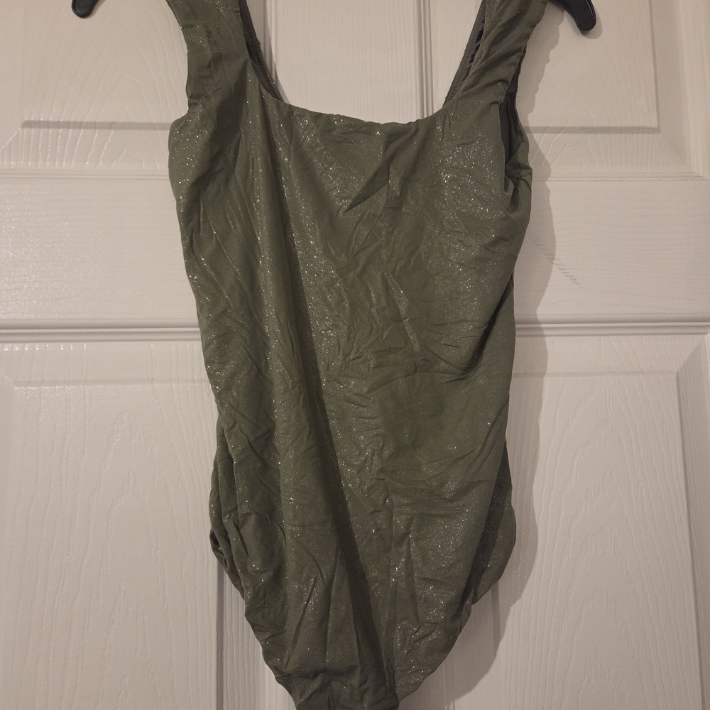 Aerie Women S Olive Green Shimmer Bodysuit Square Neck Sleeveless Stretch
